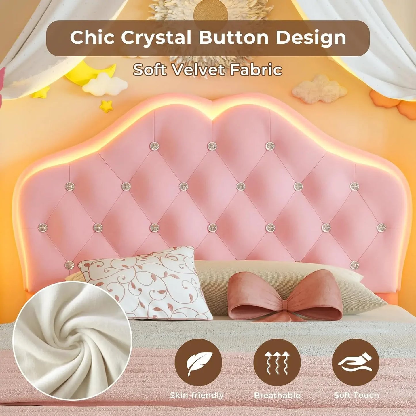 Twin Size Girl Bed with Storage Drawer & LED Lights, Upholstered Platform Bed, Adjustable Headboard with Velvet Crystal Button