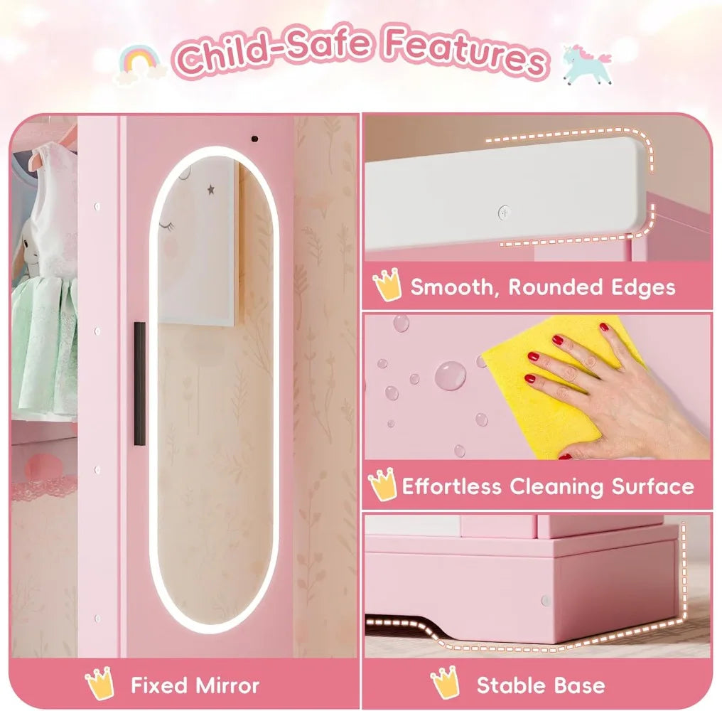 Kids Princess Wardrobe with Jewelry Cabinet, Mirror & Shelves - Pink Dress Up Storage for Girls Bedroom