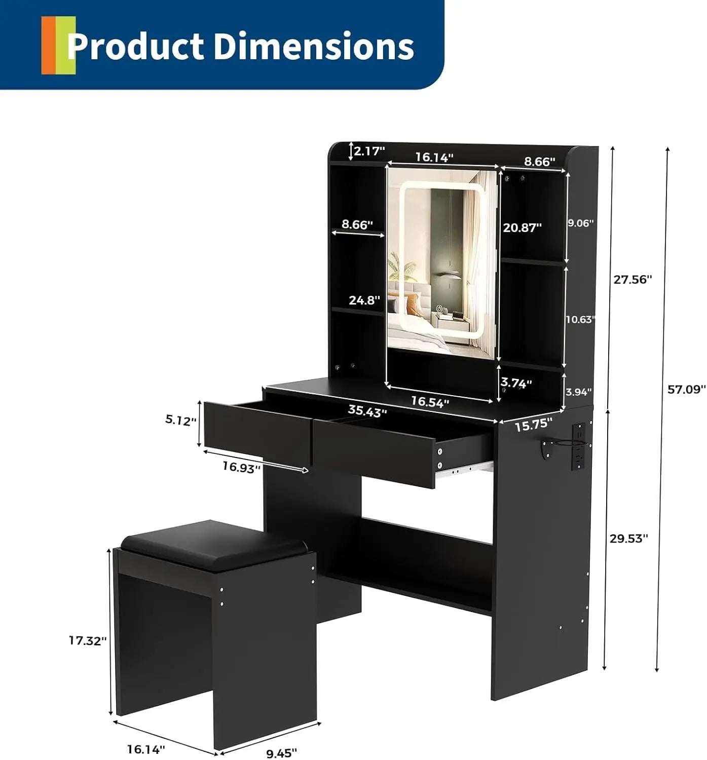 Vanity Desk with Mirror and Lights, for Bedroom, adjustable 3 Color Lights Modes Includes Padded Stool, Makeup Table Set