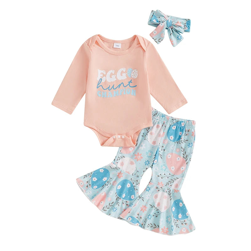 Adorable Baby Girl Easter Outfit with Bunny Print Long Sleeve Romper Easter Eggs Floral Print Flare Pants and Matching