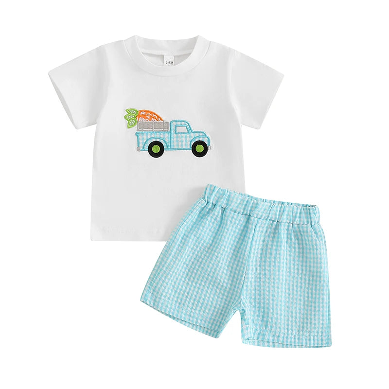 Toddler Unisex Easter Bunny Carrot Print Short Sleeve T-shirt and Plaid Shorts Set for Spring Holiday Outfit