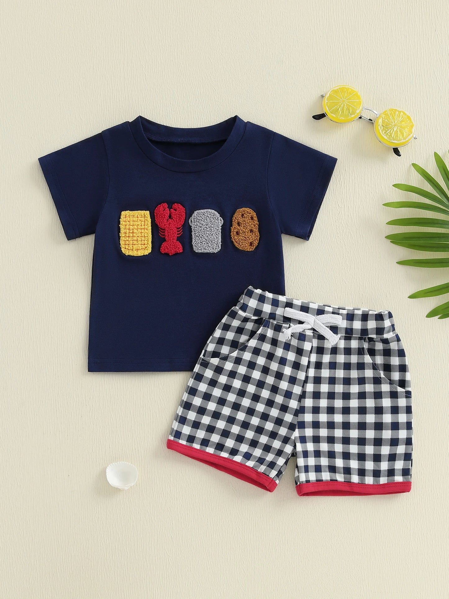 Boys Summer Outfit Set with Short Sleeve Lobster Embroidered Top and Plaid Drawstring Shorts O Neck Design for Comfort