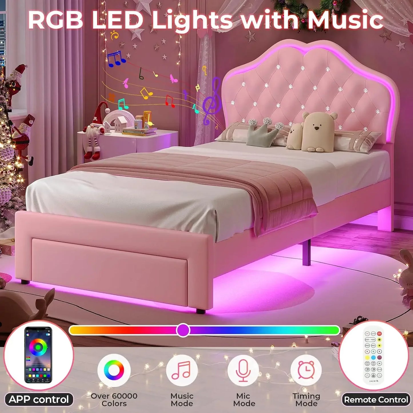 Twin Size Girl Bed with Storage Drawer & LED Lights, Upholstered Platform Bed, Adjustable Headboard with Velvet Crystal Button