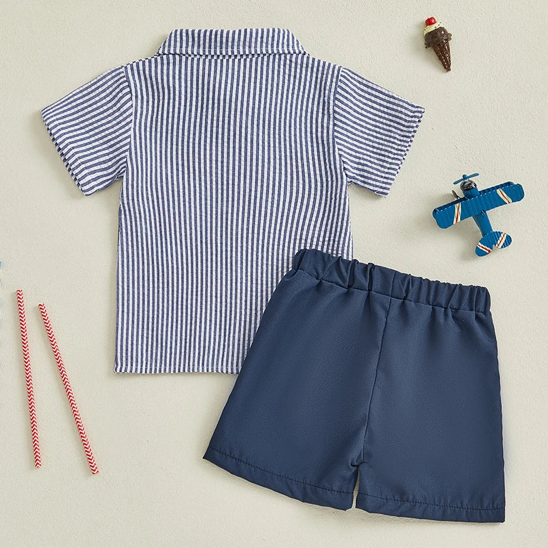 Boys Patriotic Day Outfit Set Short Sleeve Lapel Striped Shirt and Solid Color Shorts Independence Day Clothing Set