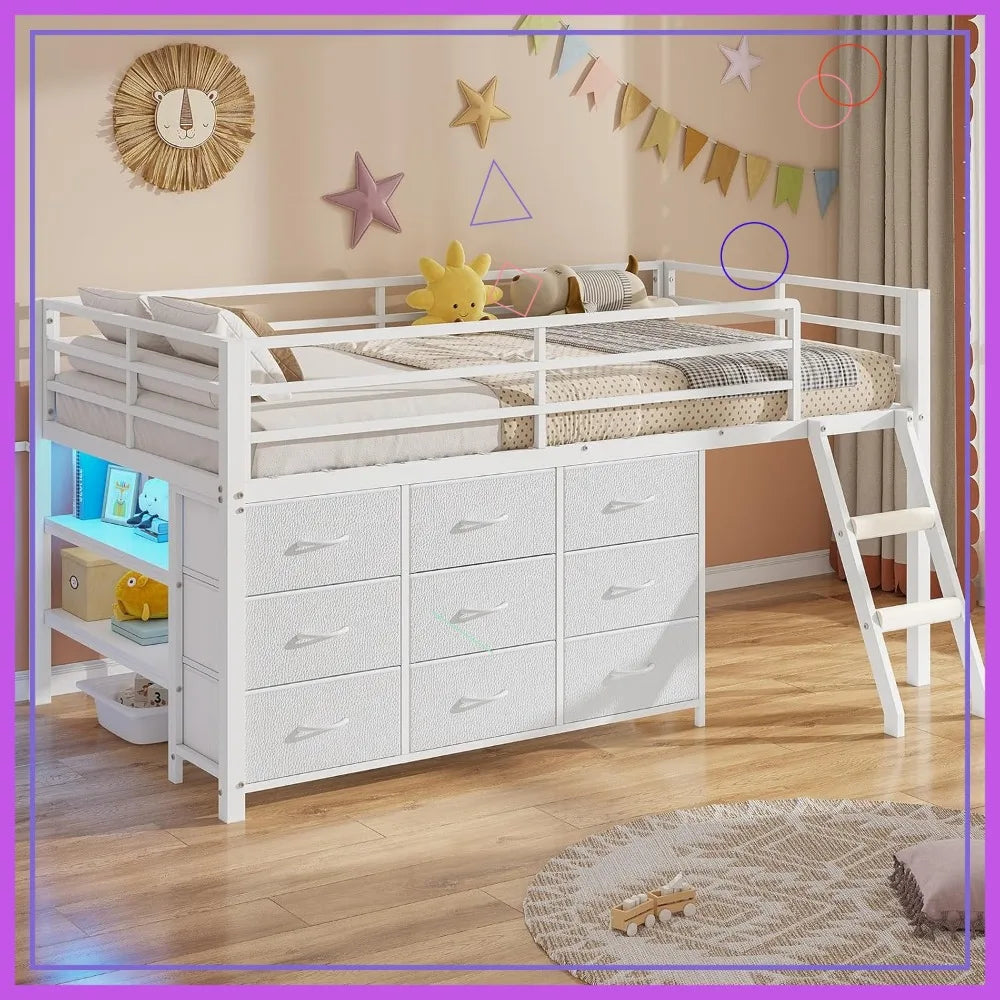 Kids Twin Loft Bed with Storage Drawers, LED Lights & Safety Guardrail - Space Saving Metal Frame