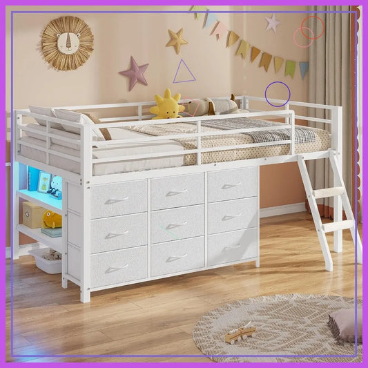 Kids Twin Loft Bed with Storage Drawers, LED Lights & Safety Guardrail - Space Saving Metal Frame