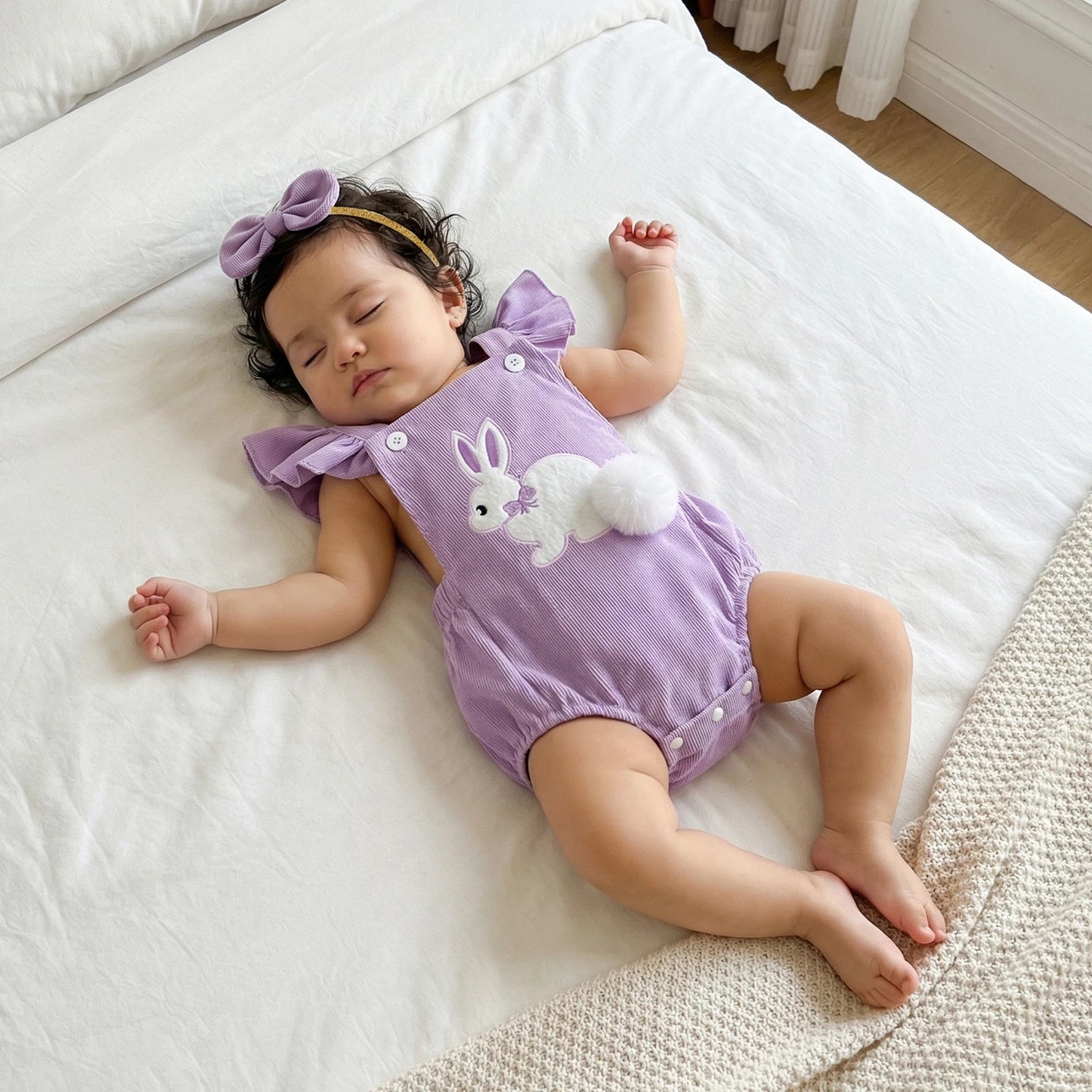 Baby Girl Easter Romper Outfits Bunny Applique Flying Sleeve Square Neck Romper and Bow Headband 2Pcs Set
