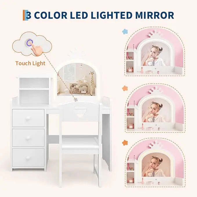 Kids Vanity Desk with Mirror and Lights, White Princess Wooden Makeup, Storage Shelves and Drawers, 2-in-1 Girls Dressing Table