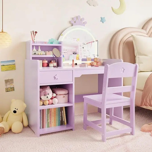 Kids Vanity with Lights, 2 in 1 Princess Makeup Vanity Desk Toddler Vanity Table & Chair Set with Open Bookshelf for Little Girls