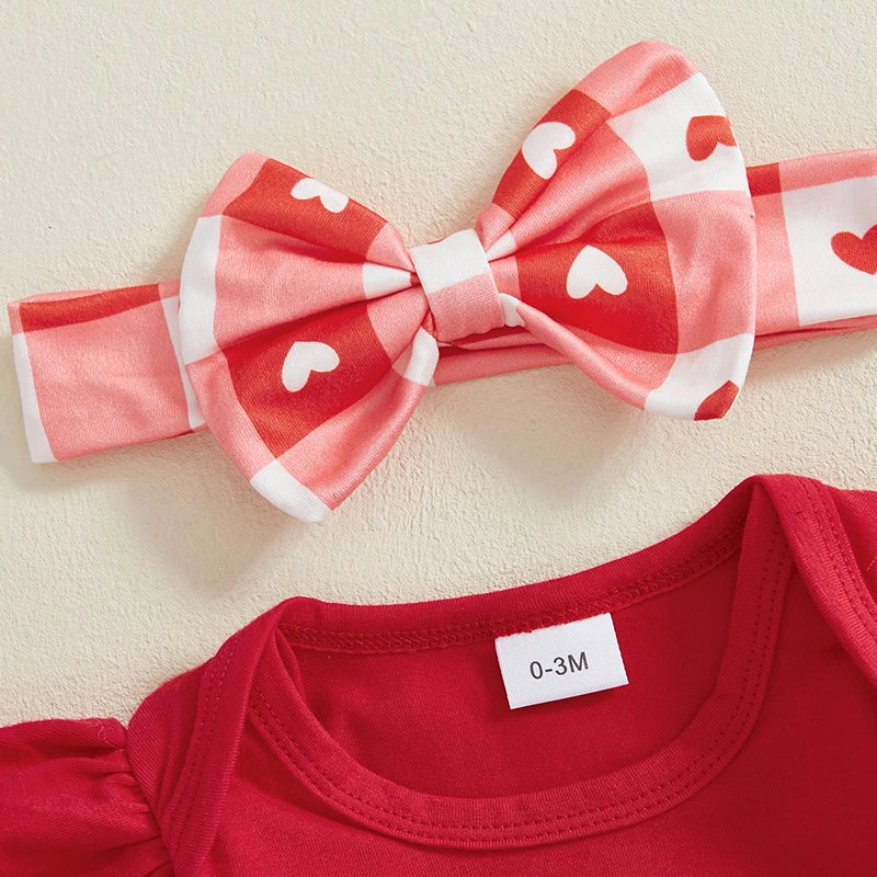 Baby's 1st Valentine Outfit Letter Print Long Sleeve Romper with Heart Print Pants and Bow Tie Headband Socks Set