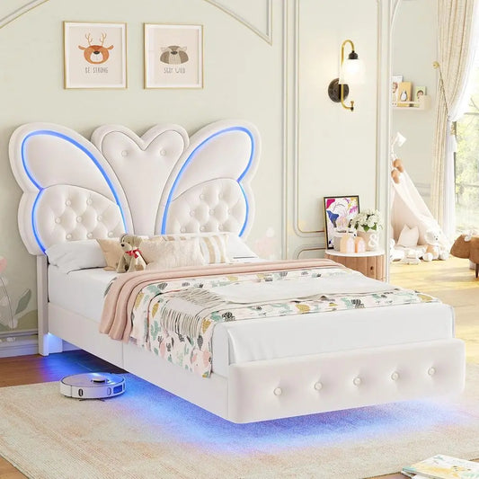Modern Butterfly-Pattern Twin Bed Frame with LED Lights, Button Tufted Upholstered Headboard and Footboard, Slat Support, No Boxspring