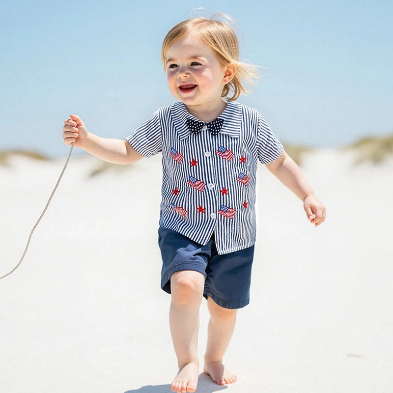 Boys Patriotic Day Outfit Set Short Sleeve Lapel Striped Shirt and Solid Color Shorts Independence Day Clothing Set