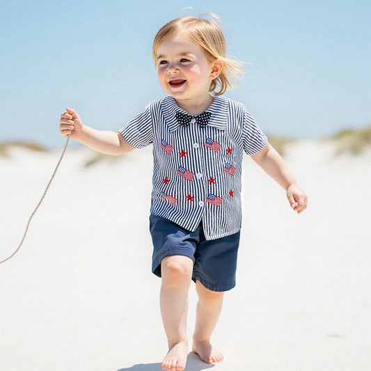 Boys Patriotic Day Outfit Set Short Sleeve Lapel Striped Shirt and Solid Color Shorts Independence Day Clothing Set