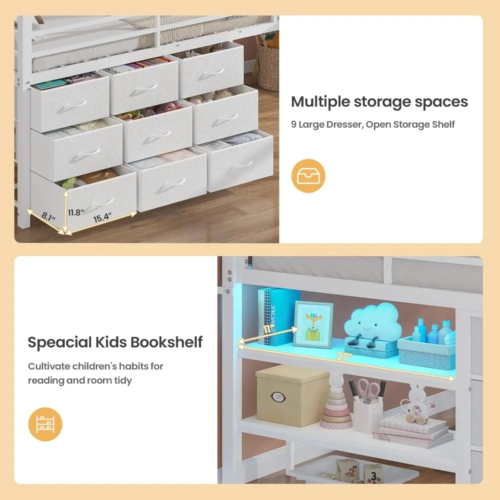 Kids Twin Loft Bed with Storage Drawers, LED Lights & Safety Guardrail - Space Saving Metal Frame