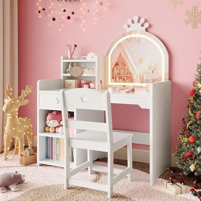 Kids Vanity with Lights, 2 in 1 Princess Makeup Vanity Desk Toddler Vanity Table & Chair Set with Open Bookshelf for Little Girls