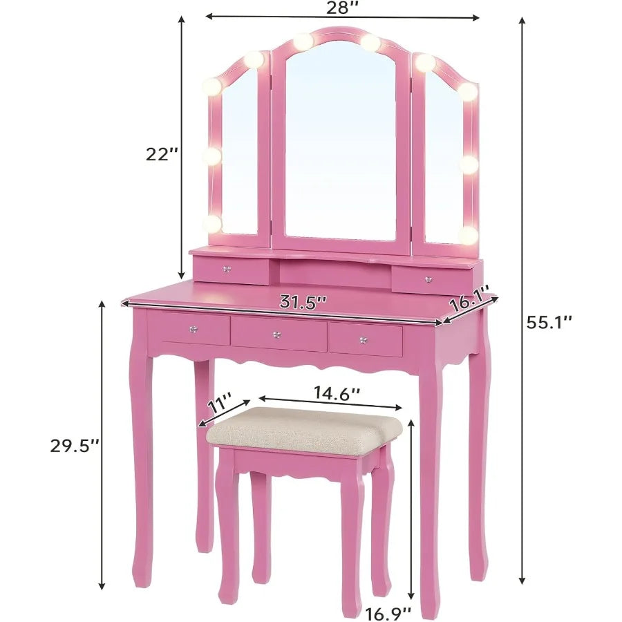 Compact Pink Makeup Vanity Desk with TriFold Mirror and Builtin LED Lights Featuring Wood Upholstered Stool and 5 Drawers