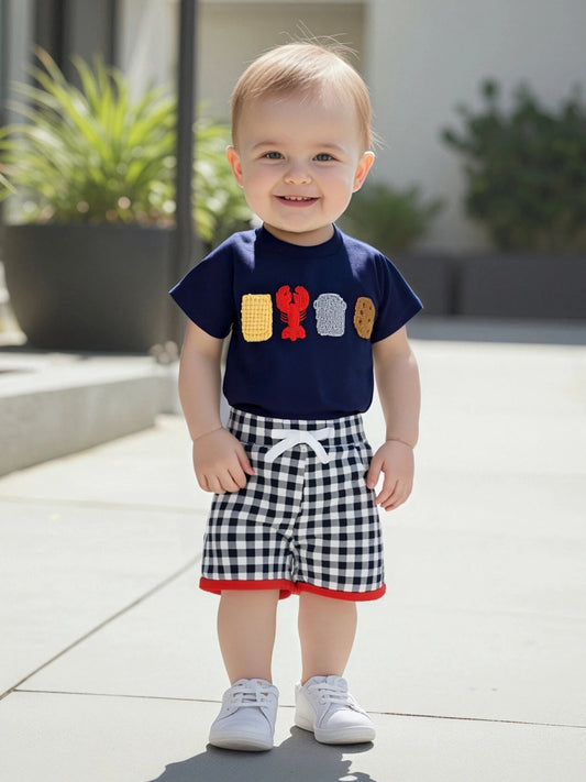 Boys Summer Outfit Set with Short Sleeve Lobster Embroidered Top and Plaid Drawstring Shorts O Neck Design for Comfort