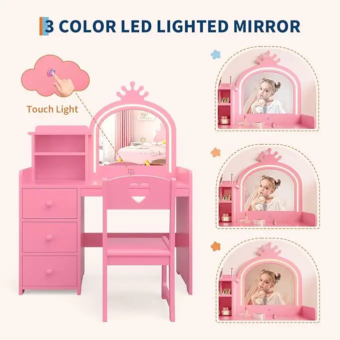 Kids Vanity Desk with Mirror and Lights, White Princess Wooden Makeup, Storage Shelves and Drawers, 2-in-1 Girls Dressing Table