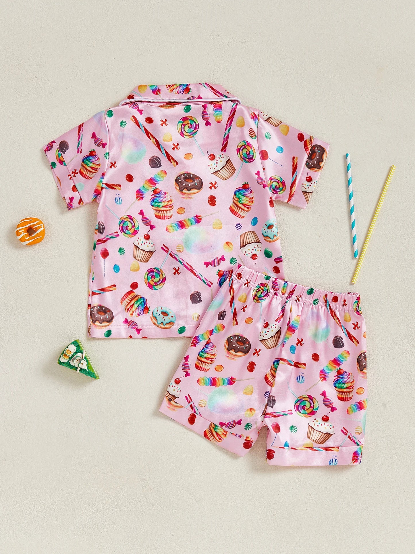 Toddler Boy Pajama Set short sleeve donuts and candy print - Elastic Waist Pants 2 Piece Sleepwear Outfit for Kids