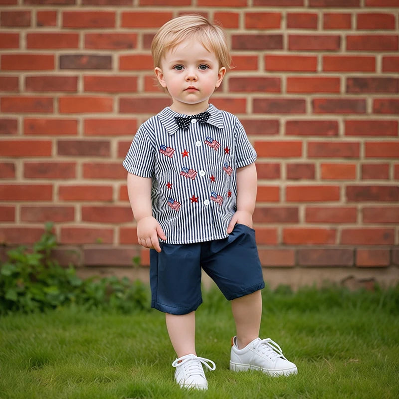 Boys Patriotic Day Outfit Set Short Sleeve Lapel Striped Shirt and Solid Color Shorts Independence Day Clothing Set