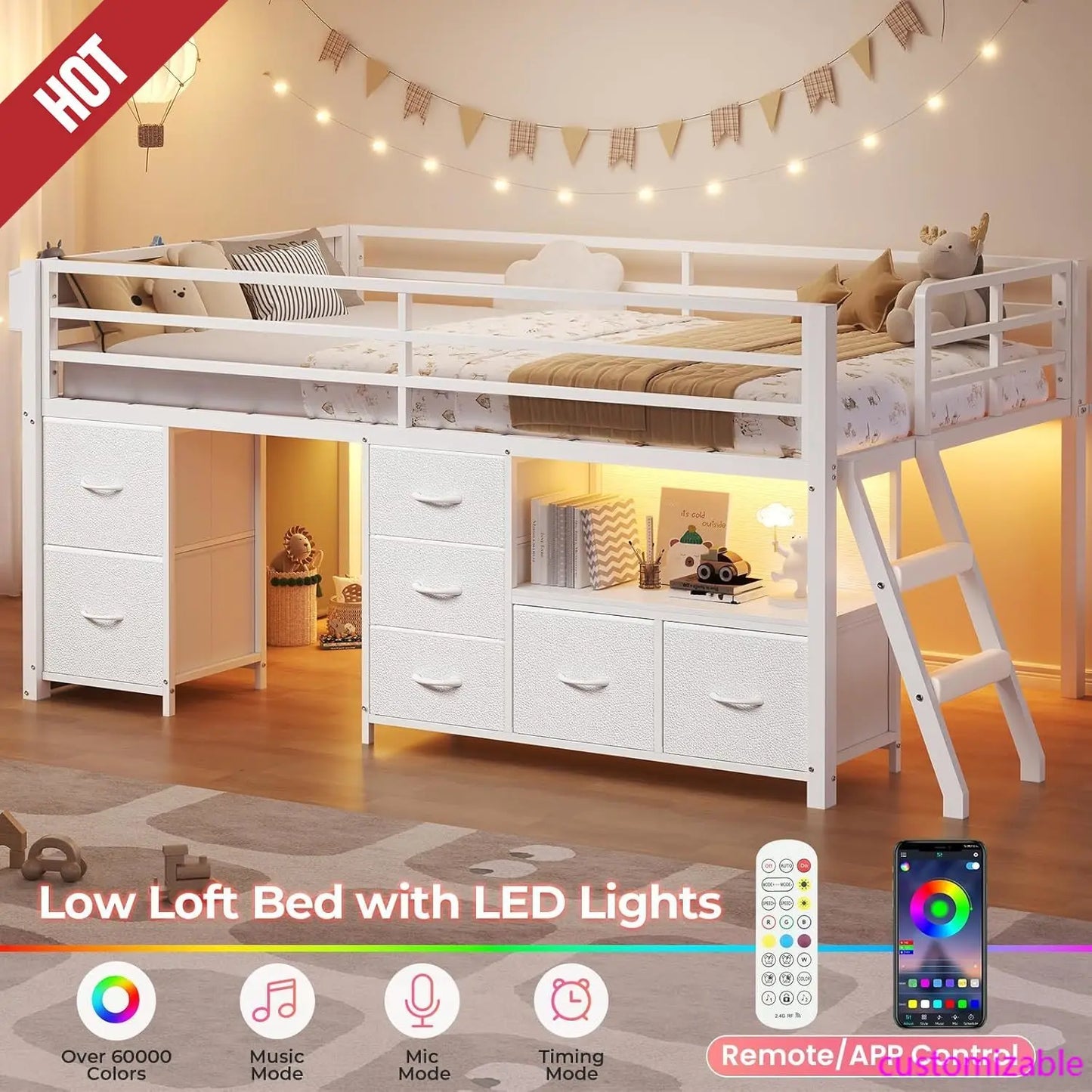 Low Loft Bed Twin Size with 7 Storage Drawers, Bookcase and LED Lights, Metal Kids Loft Bed with 14" H Safety Guardrail