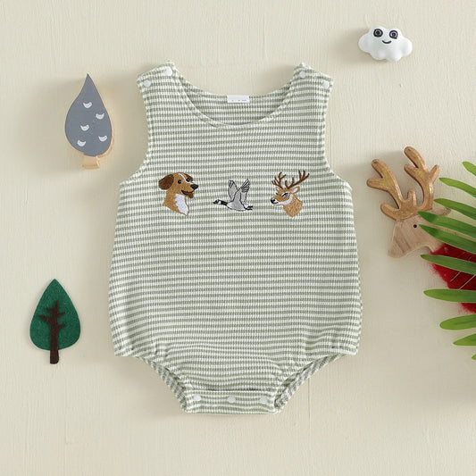 Adorable Toddler Boy s Sleeveless Romper with Cute Animal Embroidery and Striped Design Perfect for Summer Fun