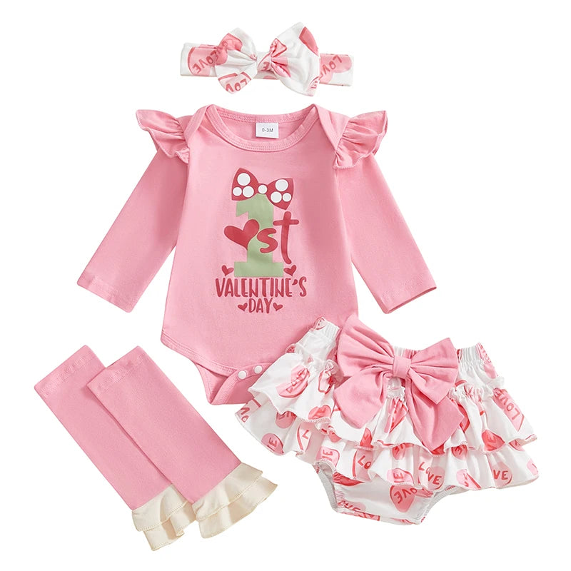 Baby's 1st Valentine Outfit Letter Print Long Sleeve Romper with Heart Print Pants and Bow Tie Headband Socks Set