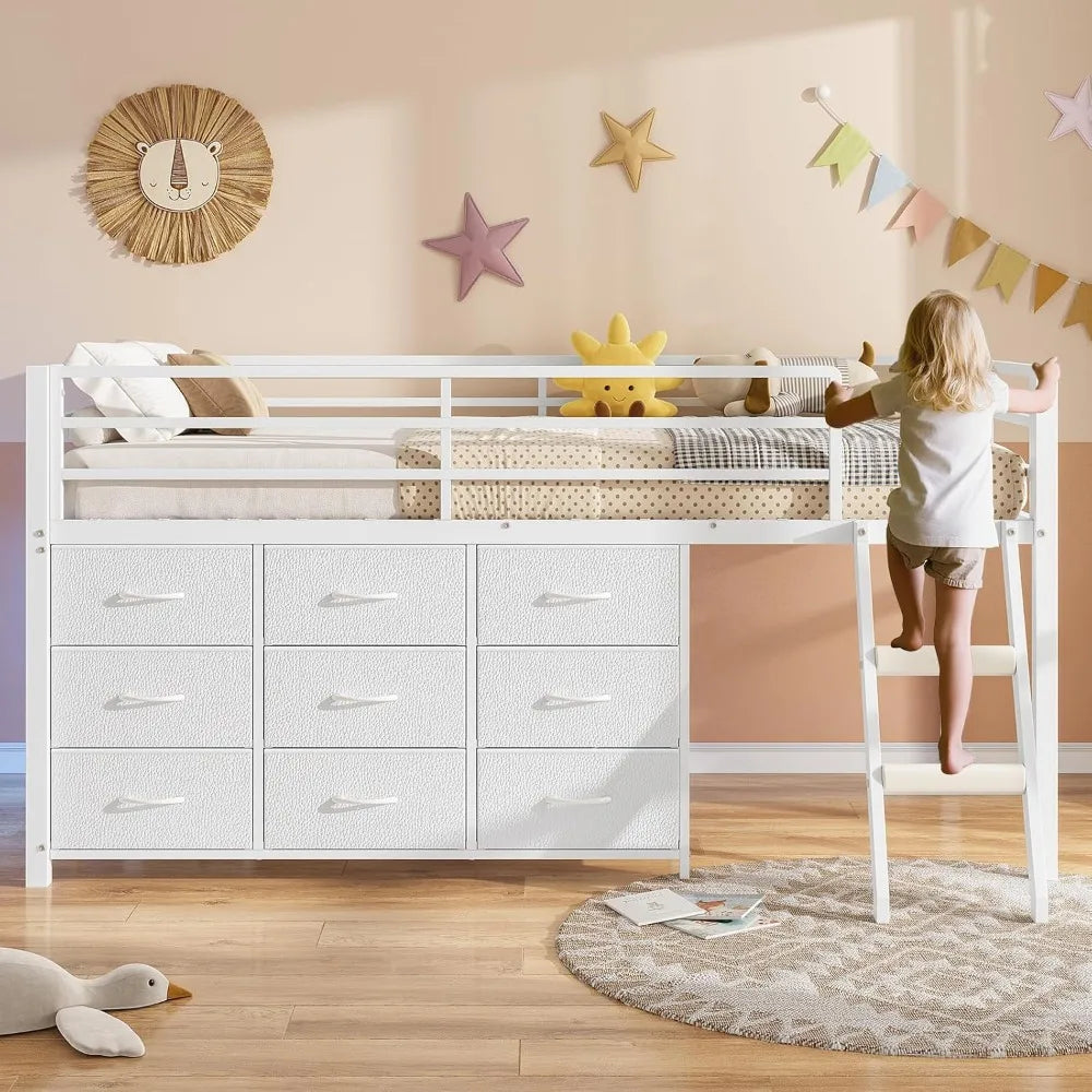 Kids Twin Loft Bed with Storage Drawers, LED Lights & Safety Guardrail - Space Saving Metal Frame