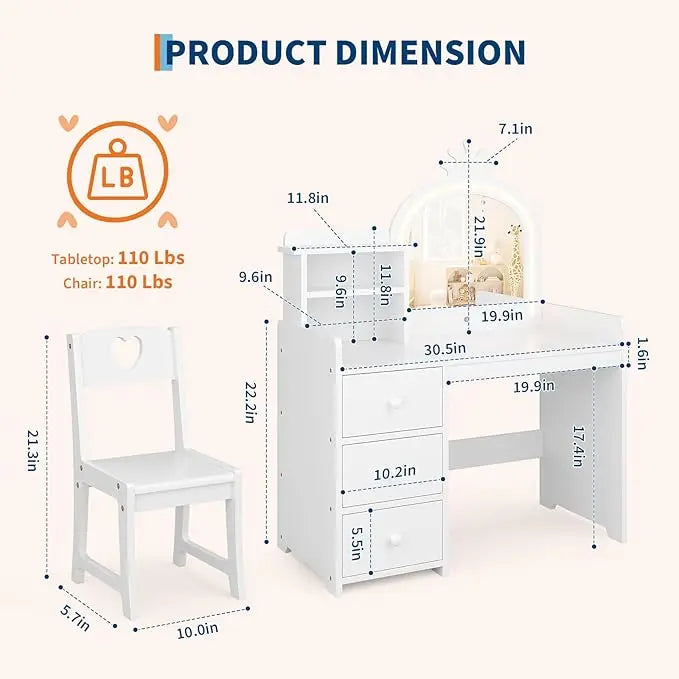 Kids Vanity Desk with Mirror and Lights, White Princess Wooden Makeup, Storage Shelves and Drawers, 2-in-1 Girls Dressing Table