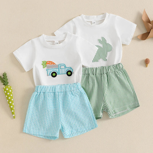 Toddler Unisex Easter Bunny Carrot Print Short Sleeve T-shirt and Plaid Shorts Set for Spring Holiday Outfit