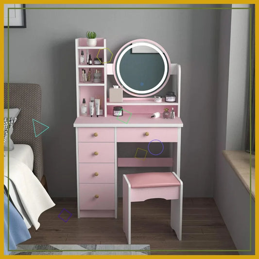 Pink Vanity Set with Lighted Mirror, Makeup Dressing Table 5 Drawers Shelves Desk & Stool