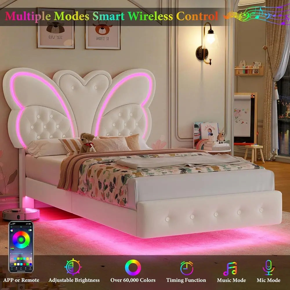Modern Butterfly-Pattern Twin Bed Frame with LED Lights, Button Tufted Upholstered Headboard and Footboard, Slat Support, No Boxspring