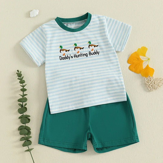 Adorable Infant Summer Ensemble with Cute Duck Design and Matching Striped Shorts for a Stylish Look - 2 Piece Set