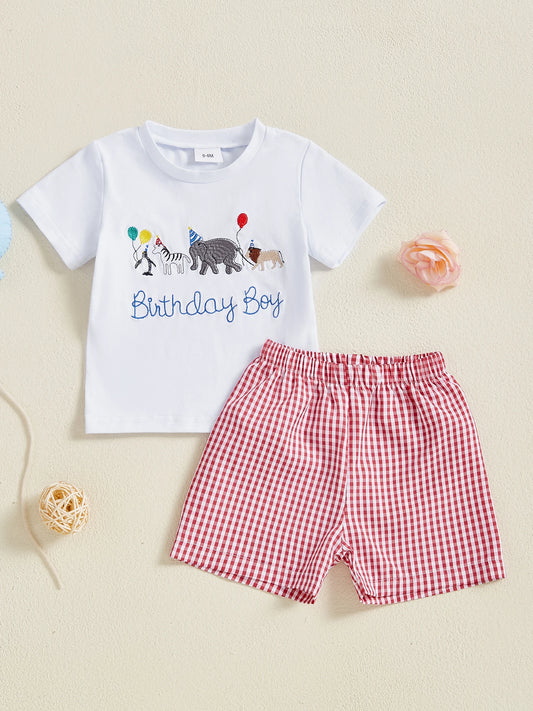 Baby Boy Birthday Outfit Set with Cute Animal Print Top and Stylish Plaid Shorts - Toddler 2 Piece Clothing Set