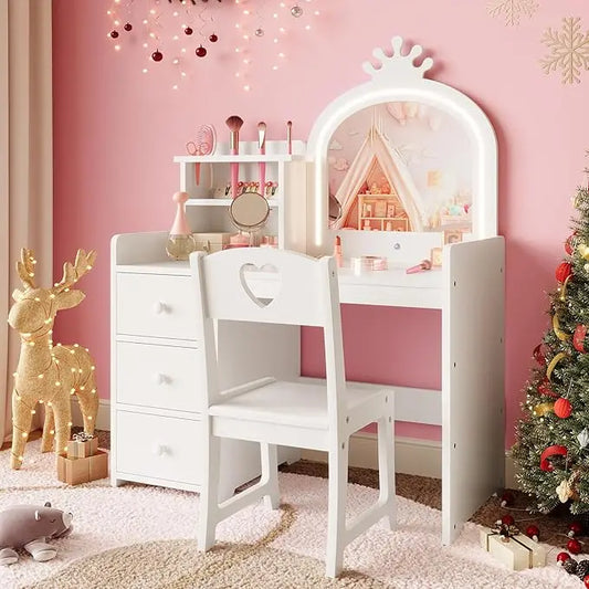 Kids Vanity Desk with Mirror and Lights, White Princess Wooden Makeup, Storage Shelves and Drawers, 2-in-1 Girls Dressing Table