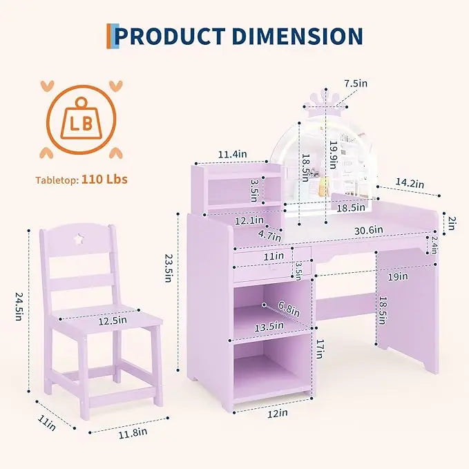 Kids Vanity with Lights, 2 in 1 Princess Makeup Vanity Desk Toddler Vanity Table & Chair Set with Open Bookshelf for Little Girls