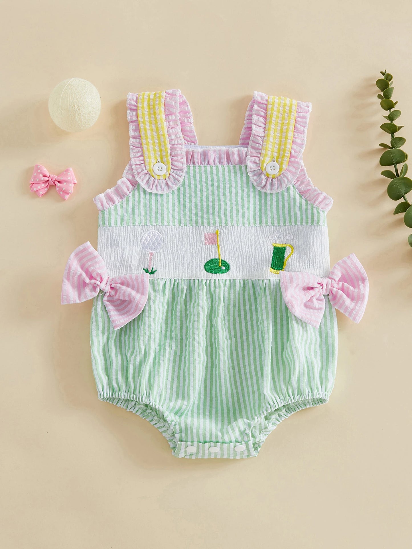 Adorable Toddler Floral Print Sleeveless Romper with Bow Detail and Ruffle Trim Summer Jumpsuit Infant Outfit for Girls