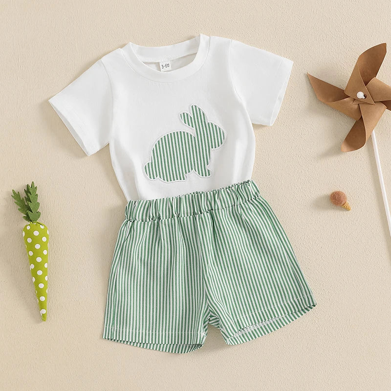 Toddler Unisex Easter Bunny Carrot Print Short Sleeve T-shirt and Plaid Shorts Set for Spring Holiday Outfit