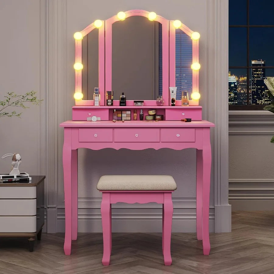 Compact Pink Makeup Vanity Desk with TriFold Mirror and Builtin LED Lights Featuring Wood Upholstered Stool and 5 Drawers