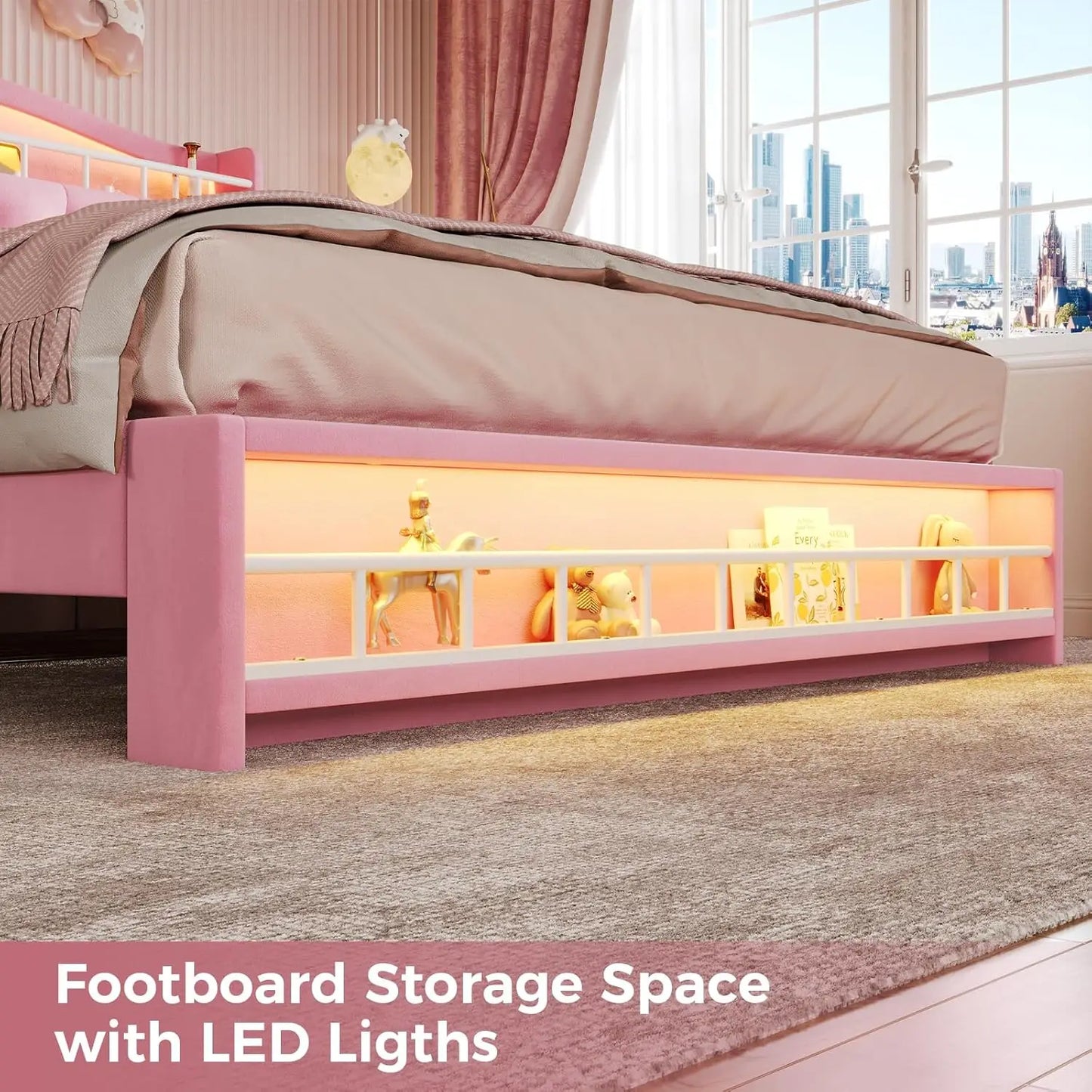 Queen Szie Girls Bed with LED Lights & Charging Station, Princess Queen Size Bed Frame with Hidden Storage Headborad