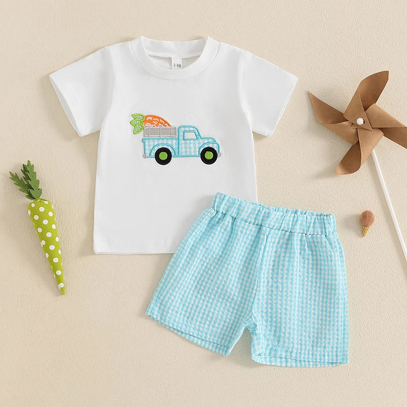 Toddler Unisex Easter Bunny Carrot Print Short Sleeve T-shirt and Plaid Shorts Set for Spring Holiday Outfit