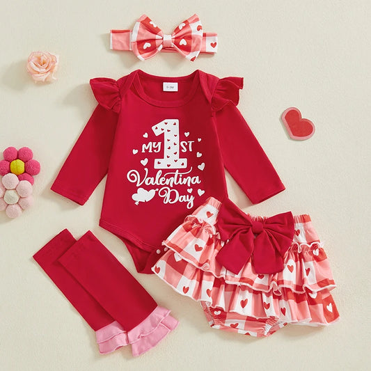 Baby's 1st Valentine Outfit Letter Print Long Sleeve Romper with Heart Print Pants and Bow Tie Headband Socks Set