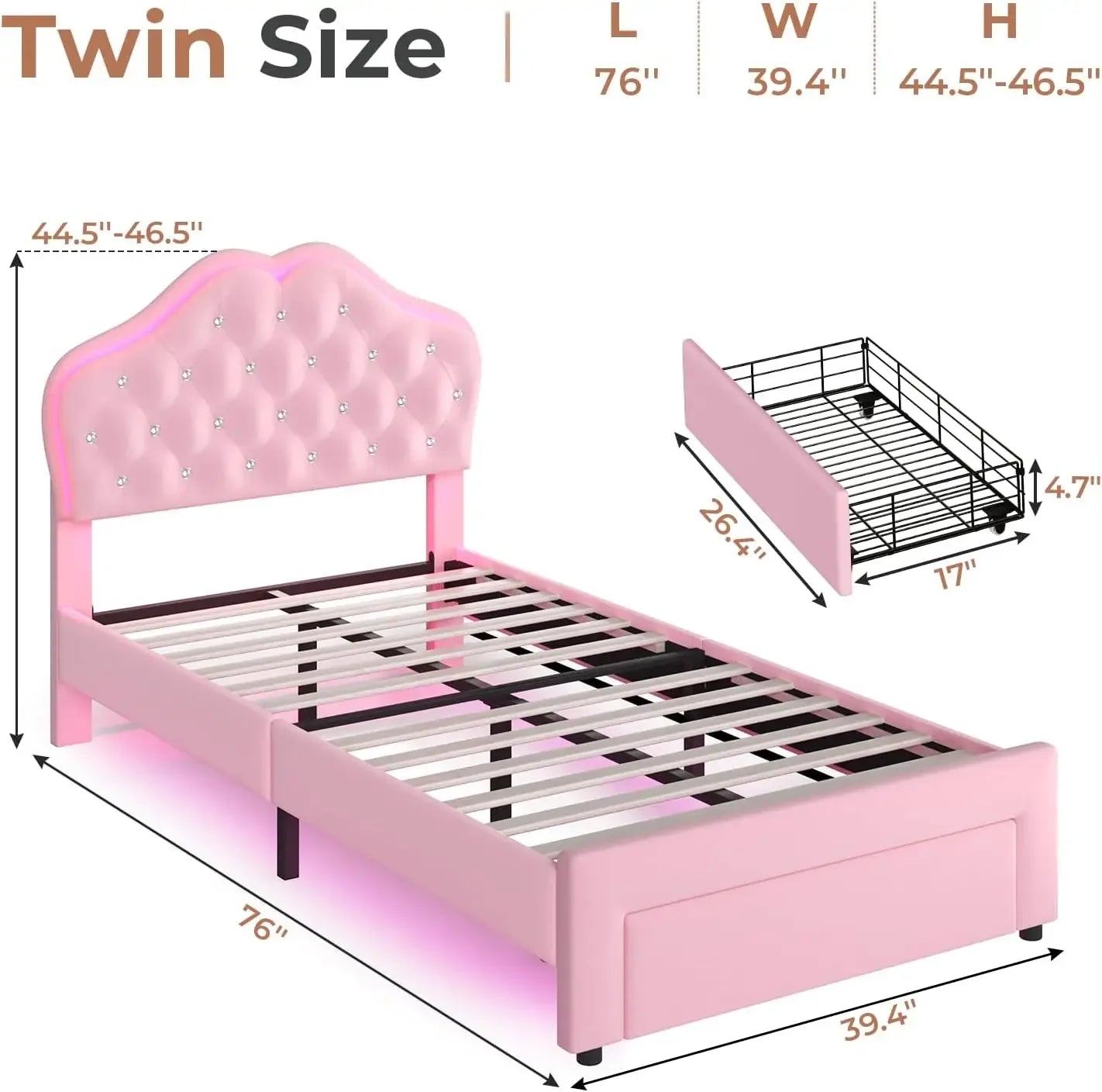 Twin Size Girl Bed with Storage Drawer & LED Lights, Upholstered Platform Bed, Adjustable Headboard with Velvet Crystal Button