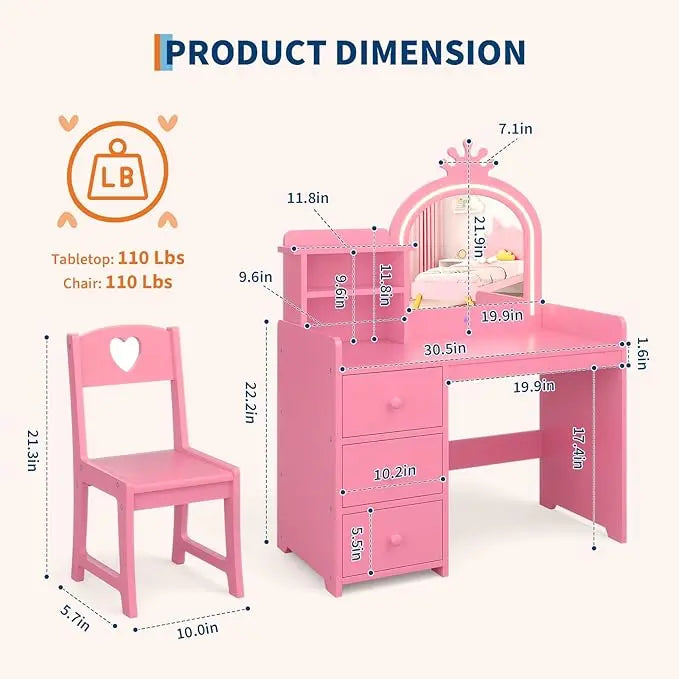 Kids Vanity Desk with Mirror and Lights, White Princess Wooden Makeup, Storage Shelves and Drawers, 2-in-1 Girls Dressing Table