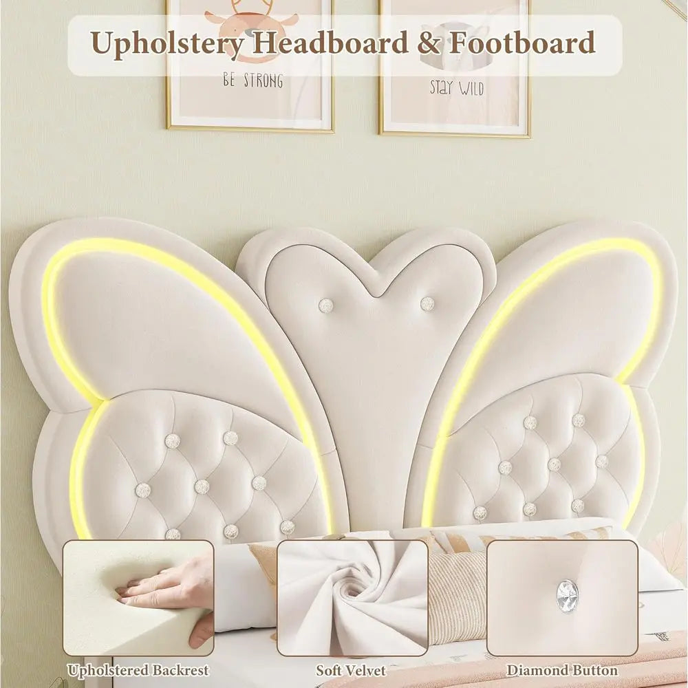 Modern Butterfly-Pattern Twin Bed Frame with LED Lights, Button Tufted Upholstered Headboard and Footboard, Slat Support, No Boxspring