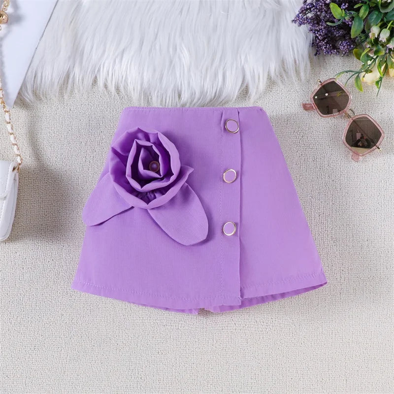 Adorable Baby Girl Summer Ensemble Flutter Sleeve Square Neck Top with 3D Floral Detailing and Matching A-Line Skirt - 2 Piece