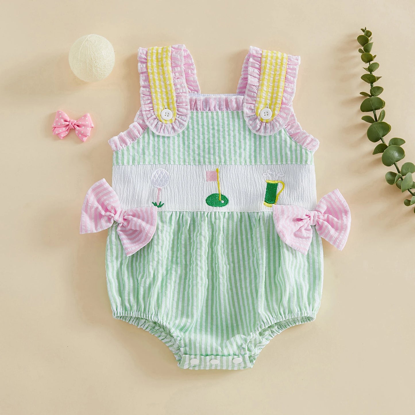 Adorable Toddler Floral Print Sleeveless Romper with Bow Detail and Ruffle Trim Summer Jumpsuit Infant Outfit for Girls