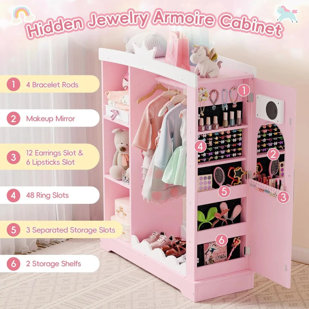 Kids Princess Wardrobe with Jewelry Cabinet, Mirror & Shelves - Pink Dress Up Storage for Girls Bedroom