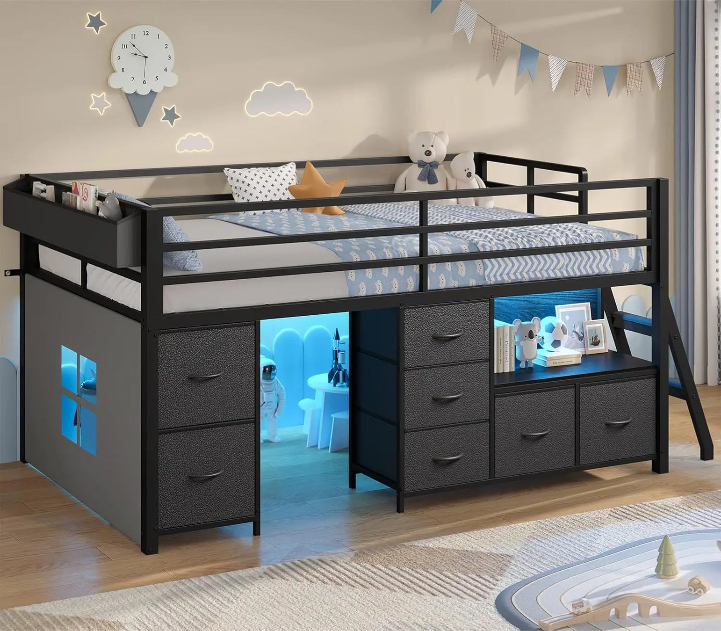 Low Loft Bed Twin Size with 7 Storage Drawers, Bookcase and LED Lights, Metal Kids Loft Bed with 14" H Safety Guardrail