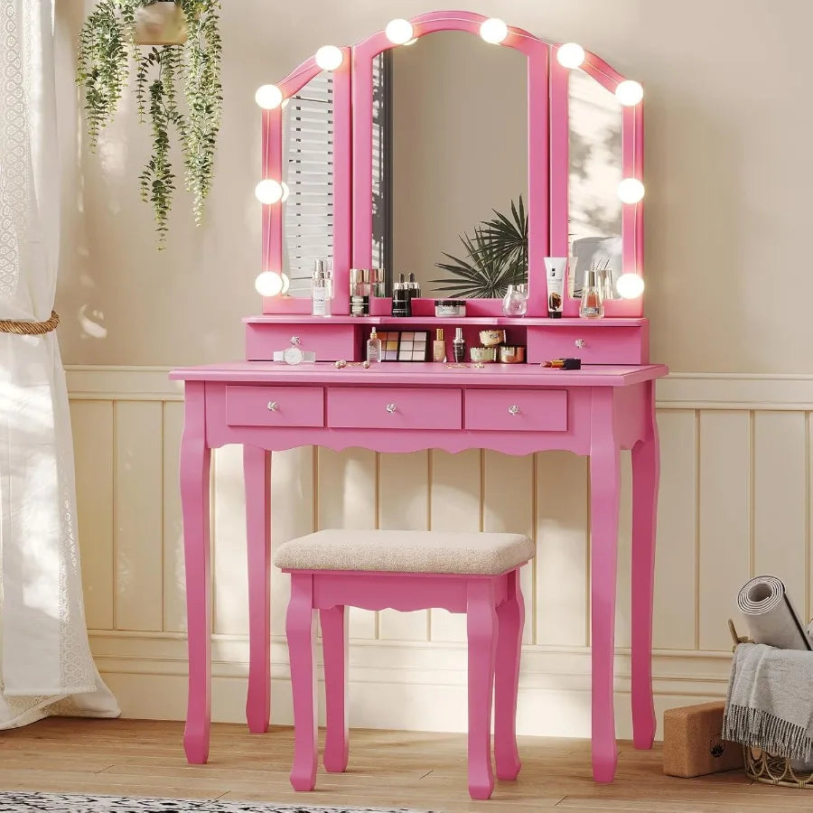 Compact Pink Makeup Vanity Desk with TriFold Mirror and Builtin LED Lights Featuring Wood Upholstered Stool and 5 Drawers